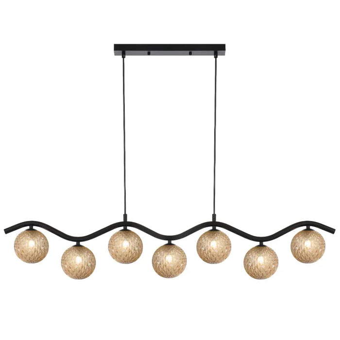 ORTON: 7 Light Modern Linear Pendant Light with Round Glass Shades (Available in Black & Antique Gold)