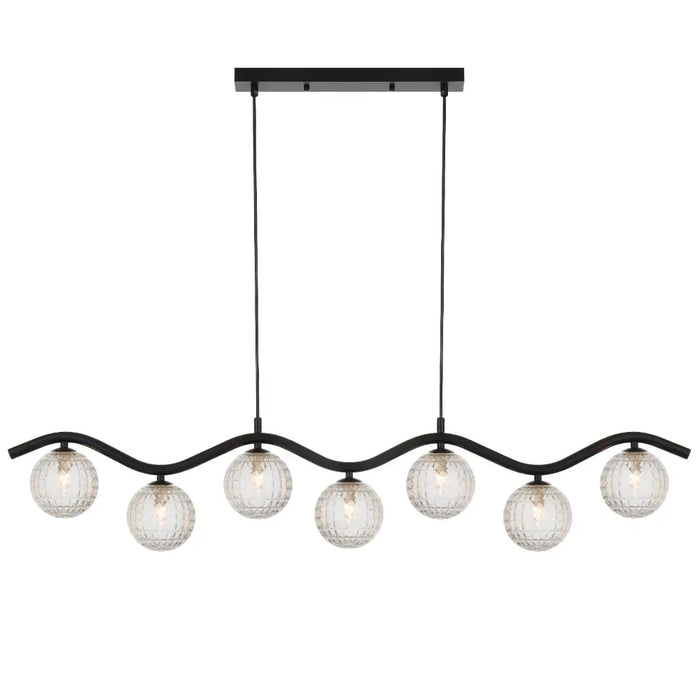 ORTON: 7 Light Modern Linear Pendant Light with Round Glass Shades (Available in Black & Antique Gold)