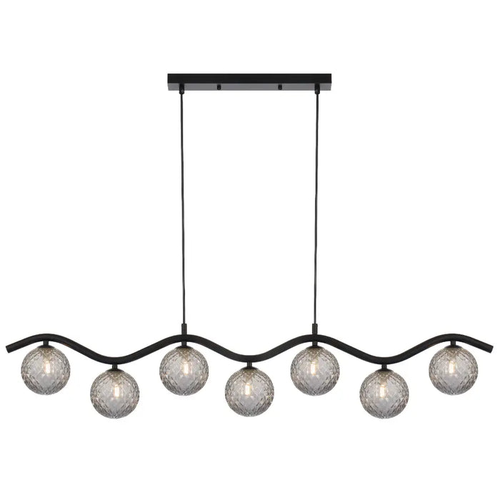 ORTON: 7 Light Modern Linear Pendant Light with Round Glass Shades (Available in Black & Antique Gold)