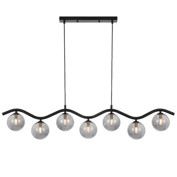 ORTON: 7 Light Modern Linear Pendant Light with Round Glass Shades (Available in Black & Antique Gold)