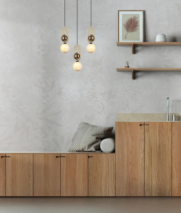 PALTA: Sandblasted Opal Diffuser with Brass & Wood Highlight Interior Pendant Lights (Available in Natural Wood & Red Wood)