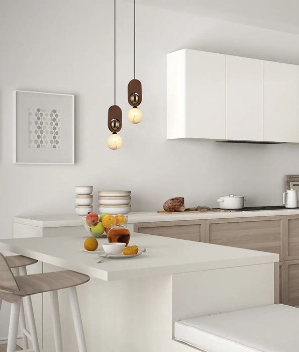 PALTA: Sandblasted Opal Diffuser with Brass & Wood Highlight Interior Pendant Lights (Available in Natural Wood & Red Wood)