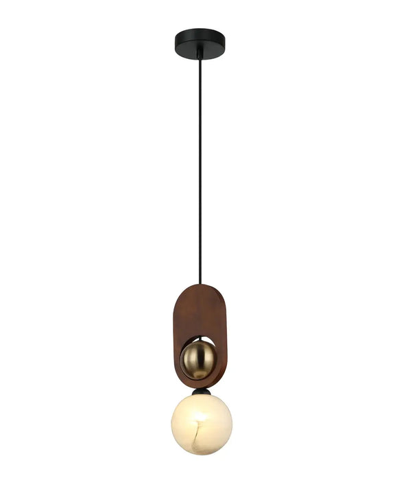 PALTA: Sandblasted Opal Diffuser with Brass & Wood Highlight Interior Pendant Lights (Available in Natural Wood & Red Wood)