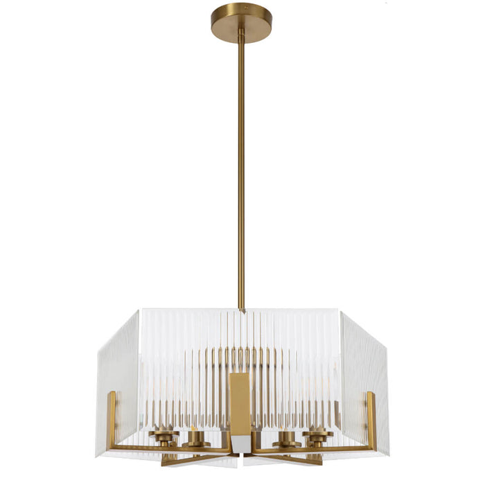 PELION: 5 Light Elegant Pendant Light with Ribbed Glass Shade  (Available in Chrome & Antique Gold)