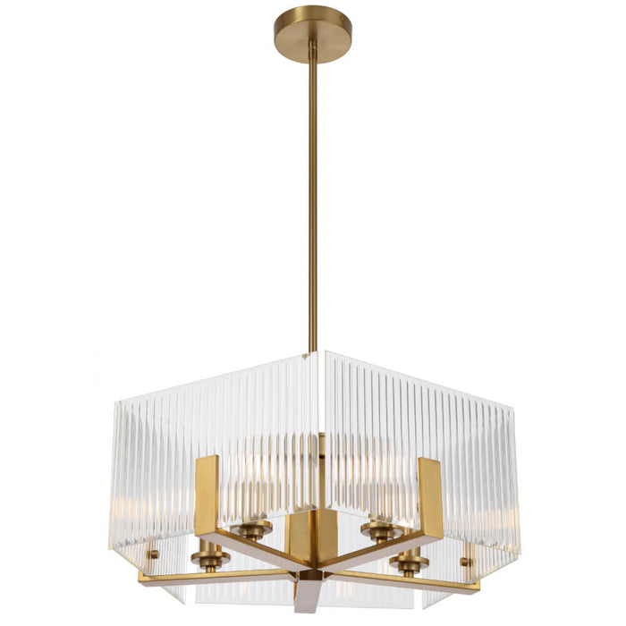 PELION: 5 Light Elegant Pendant Light with Ribbed Glass Shade  (Available in Chrome & Antique Gold)