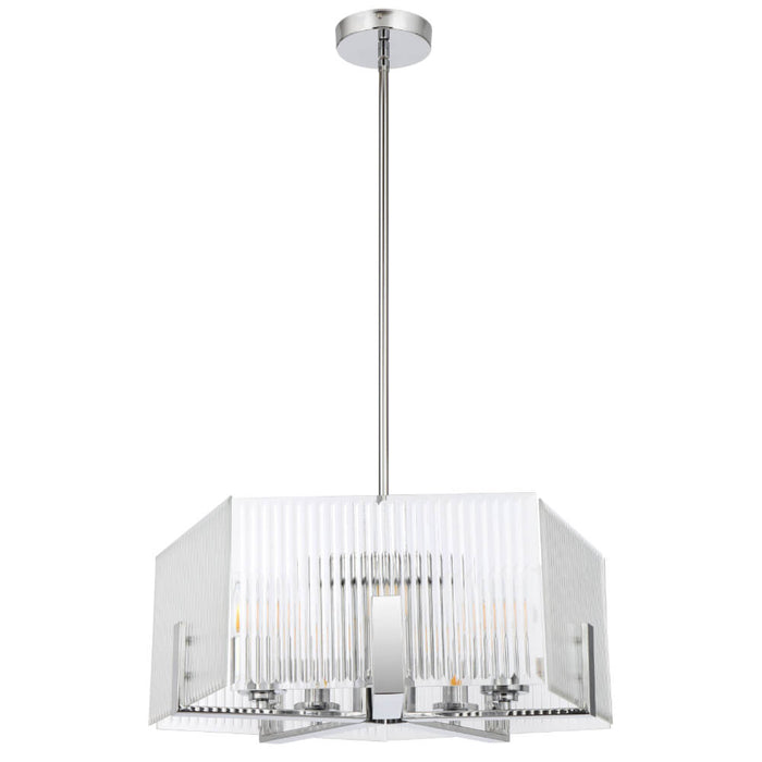 PELION: 5 Light Elegant Pendant Light with Ribbed Glass Shade  (Available in Chrome & Antique Gold)