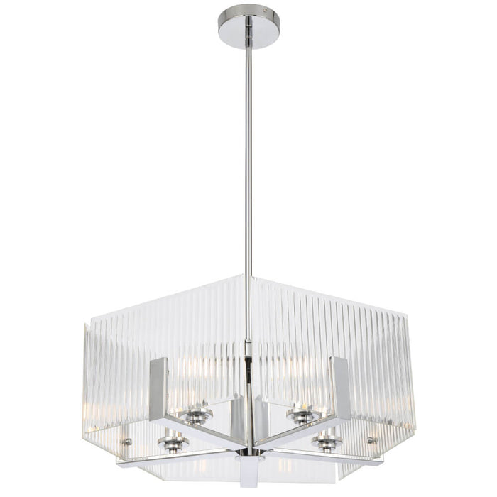 PELION: 5 Light Elegant Pendant Light with Ribbed Glass Shade  (Available in Chrome & Antique Gold)