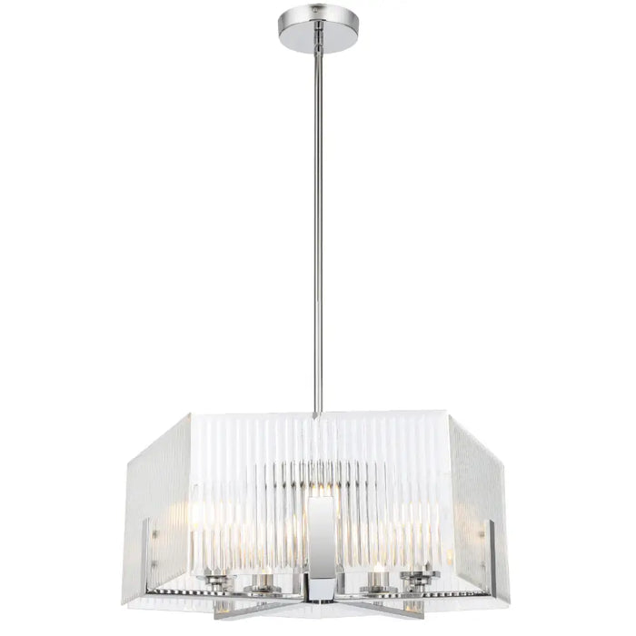 PELION: 5 Light Elegant Pendant Light with Ribbed Glass Shade  (Available in Chrome & Antique Gold)