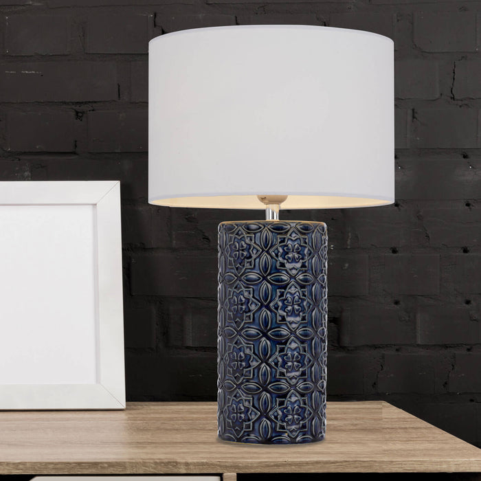 RODOS: Elegant Deep Blue Glazed Ceramic Base Table Lamp with Drum Shade