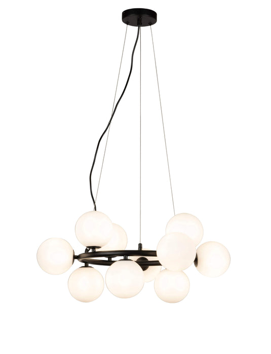 RIONA: Metal Ring Pendant with Round Cluster Glass Diffuser (Available in Black & Gold, 10 Light & 16 Light)