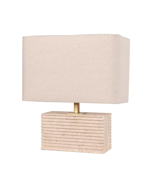 CLA SAGITTA: Rectangular Beige Travertine Base Rectangular Fabric Cream Shade Table Lamp