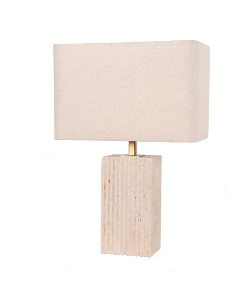 CLA SAGITTA: Beige Travertine Base Rectangular Fabric Cream Shade Table Lamps (Available in Small & Large)