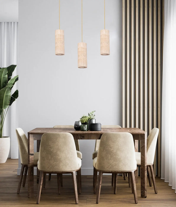 SAGITTA: Oblong Beige Travertine with Brass Highlight Interior Pendant Light