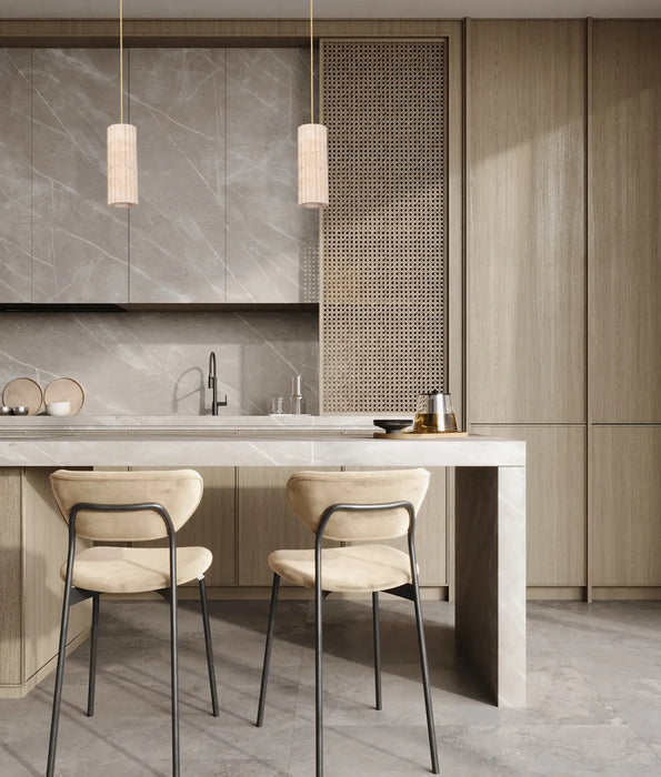 SAGITTA: Oblong Beige Travertine with Brass Highlight Interior Pendant Light