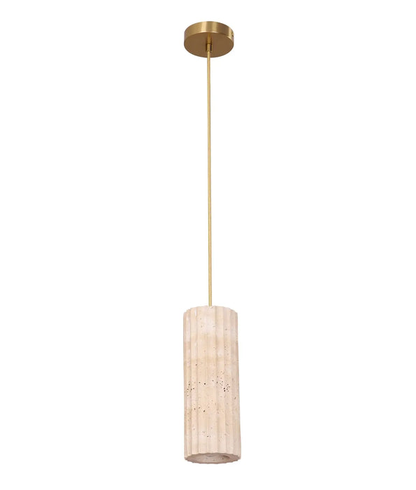 SAGITTA: Oblong Beige Travertine with Brass Highlight Interior Pendant Light