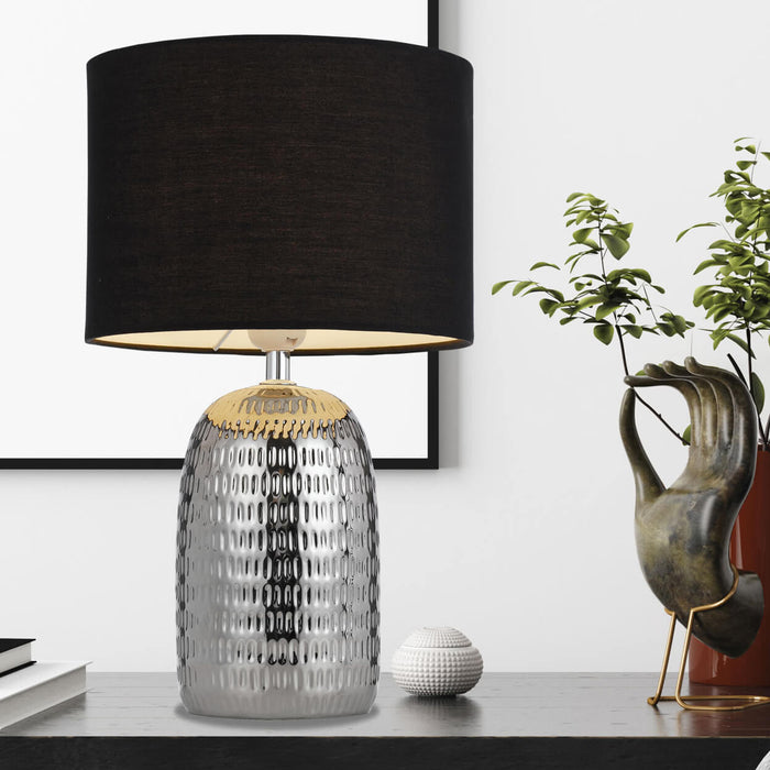 SEVIA: Silver Finished Ceramic Base Table Lamp with Black Fabric Drum Shade