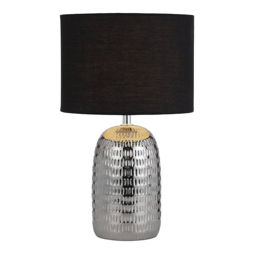 Telbix SEVIA: Silver Finished Ceramic Base Table Lamp with Black Fabric Drum Shade