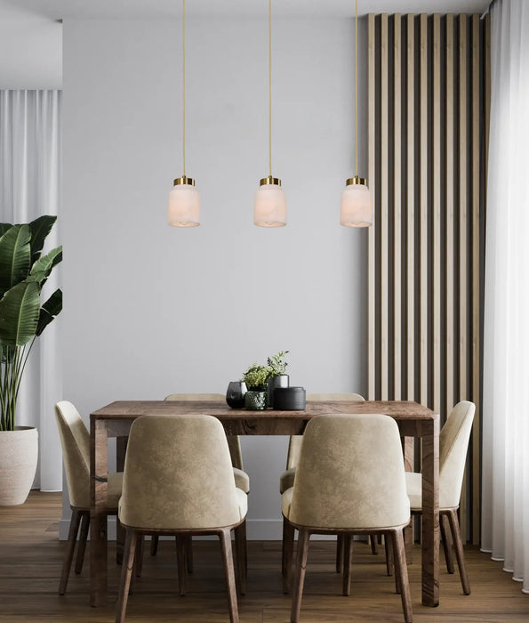 TUFO: White Jar Alabaster with Brass Highlight Interior Pendant Light