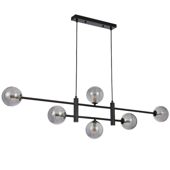 TYSON: 6 Light Modern Linear Pendant Light with Round Glass Shades (Available in Black & Antique Gold)