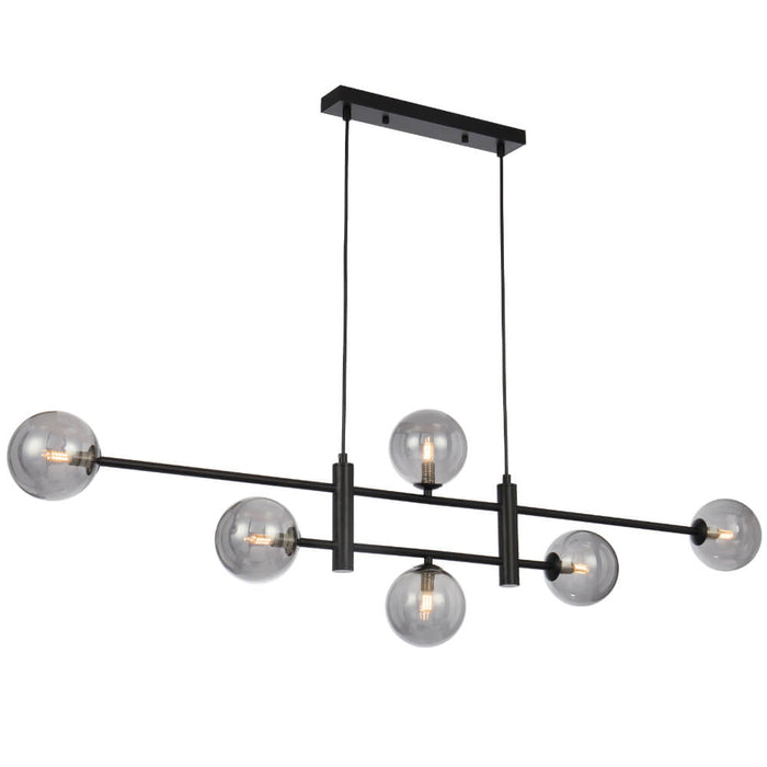 TYSON: 6 Light Modern Linear Pendant Light with Round Glass Shades (Available in Black & Antique Gold)