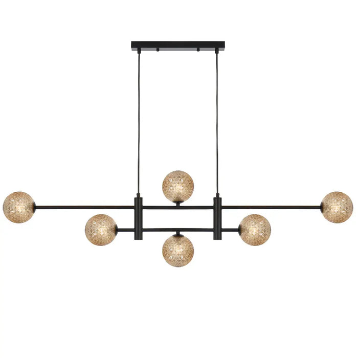 TYSON: 6 Light Modern Linear Pendant Light with Round Glass Shades (Available in Black & Antique Gold)