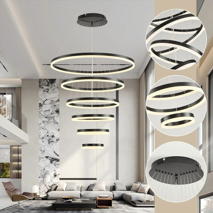 BAMDECOR A18815 Nordic Home Decor Dining Room Pendant lamp lights Ceiling Lamp Hanging Light Chandelier Lamps (6 Rings-Black)