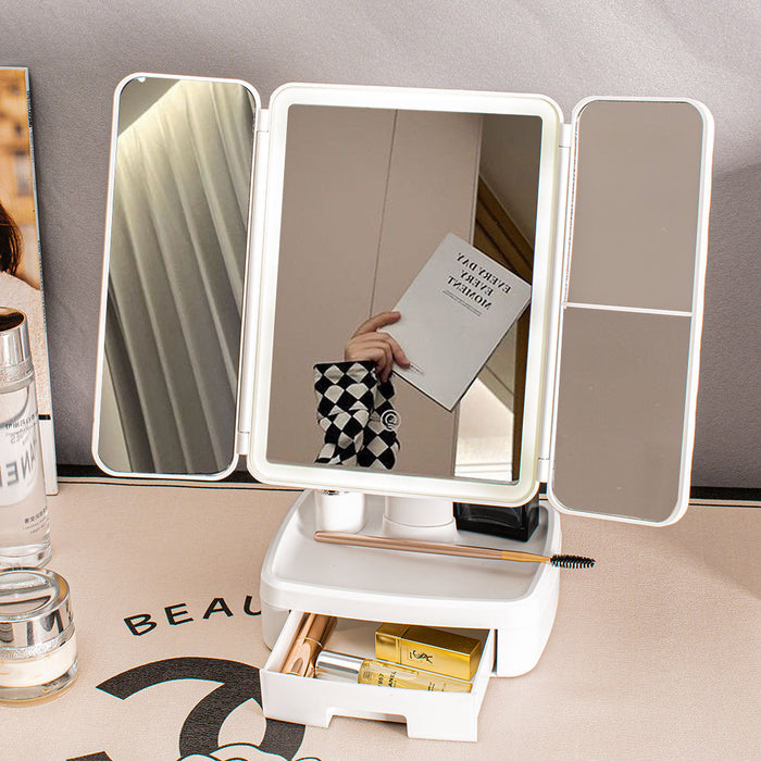 Elegant Tri-Fold Shell LED Vanity Mirror - Smart Makeup Gift with Storage & Illumination