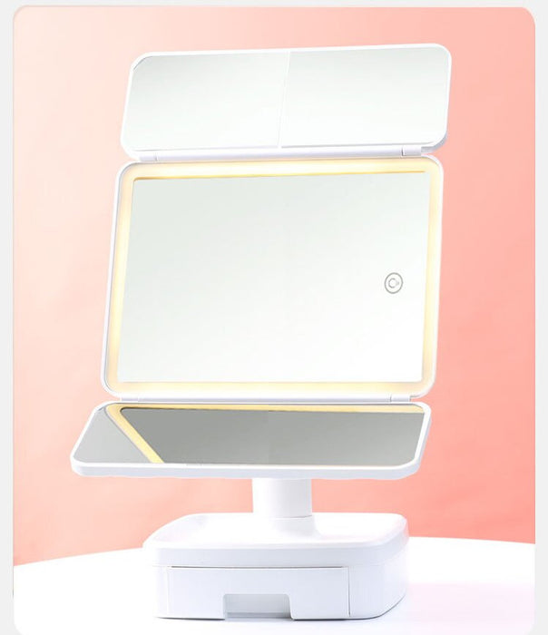 Elegant Tri-Fold Shell LED Vanity Mirror - Smart Makeup Gift with Storage & Illumination