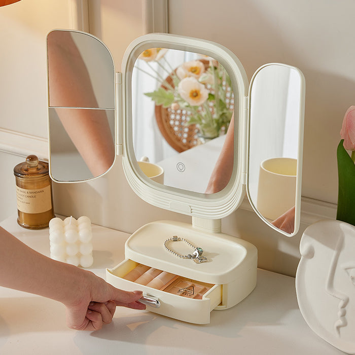 Milky White LED Lighted Tri-Fold Makeup Mirror with Storage Drawer & Magnification(USB Charging Port)