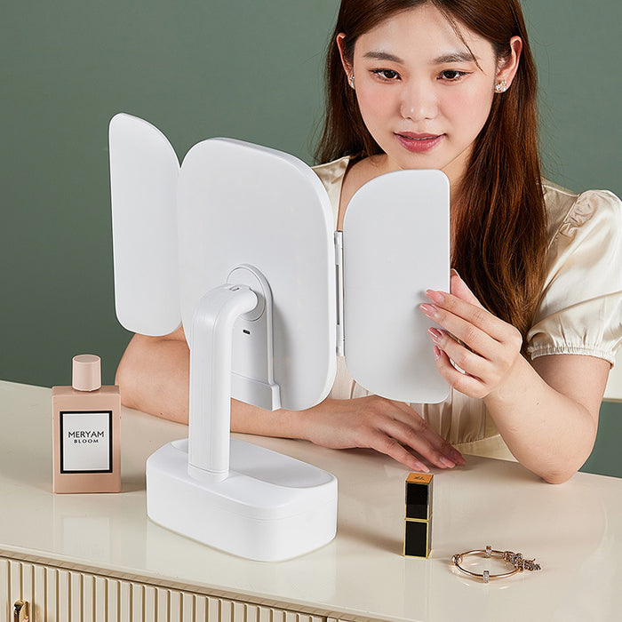 Milky White LED Lighted Tri-Fold Makeup Mirror with Storage Drawer & Magnification(USB Charging Port)