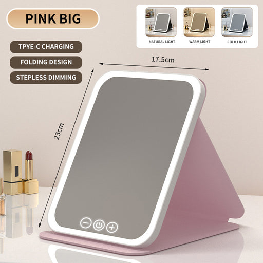 Pink Large Foldable LED Makeup Mirror - Portable Desktop Vanity with 3 Color Lights, Stepless Dimming & Adjustable Stand