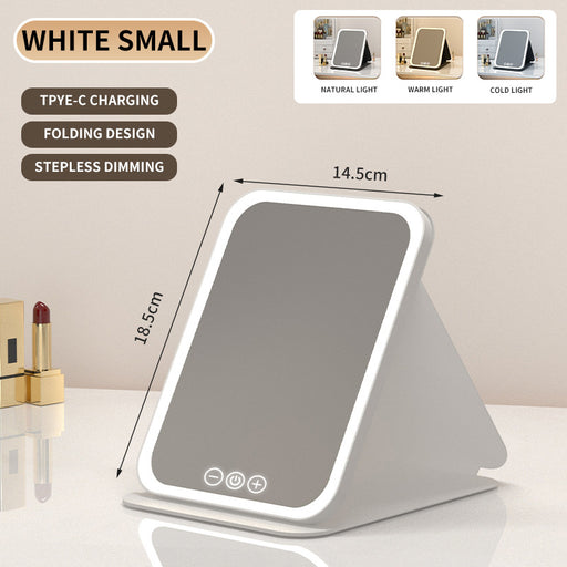 White Small Foldable LED Makeup Mirror - Portable Desktop Vanity with 3 Color Lights, Stepless Dimming & Adjustable Stand