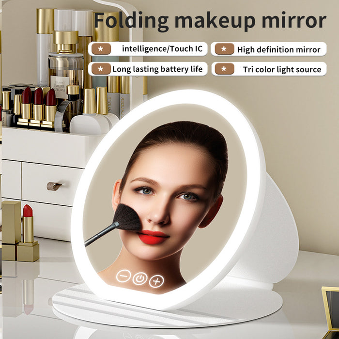 Black Large Round Foldable LED Makeup Mirror - 22cm Desktop Vanity with 3 Color Lights & Stepless Dimming