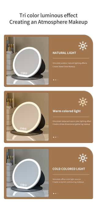 Black Large Round Foldable LED Makeup Mirror - 22cm Desktop Vanity with 3 Color Lights & Stepless Dimming