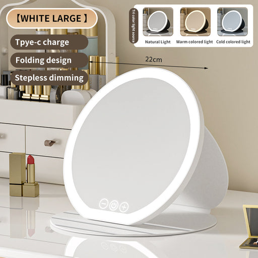 White Large Round Foldable LED Makeup Mirror - 22cm Desktop Vanity with 3 Color Lights & Stepless Dimming