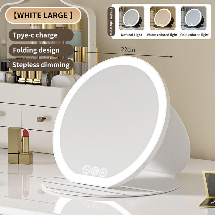 White Large Round Foldable LED Makeup Mirror - 22cm Desktop Vanity with 3 Color Lights & Stepless Dimming
