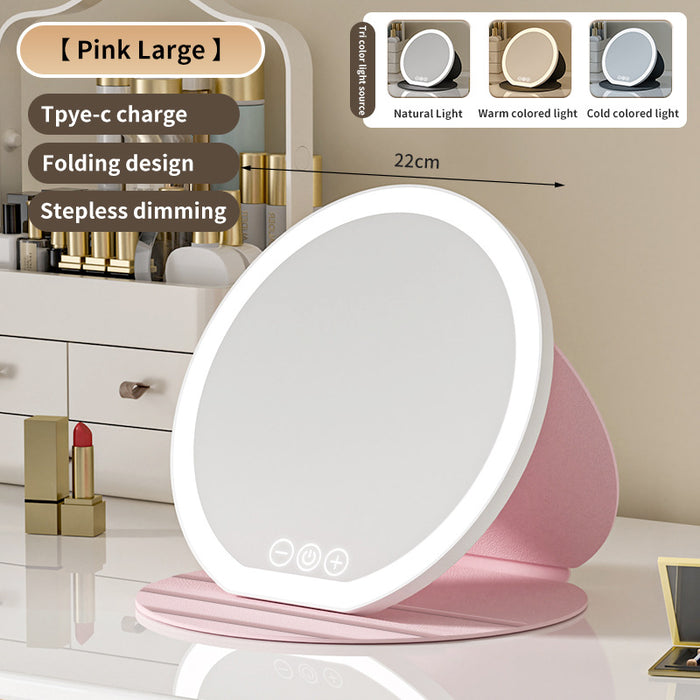 Pink Large Round Foldable LED Makeup Mirror - 22cm Desktop Vanity with 3 Color Lights & Stepless Dimming