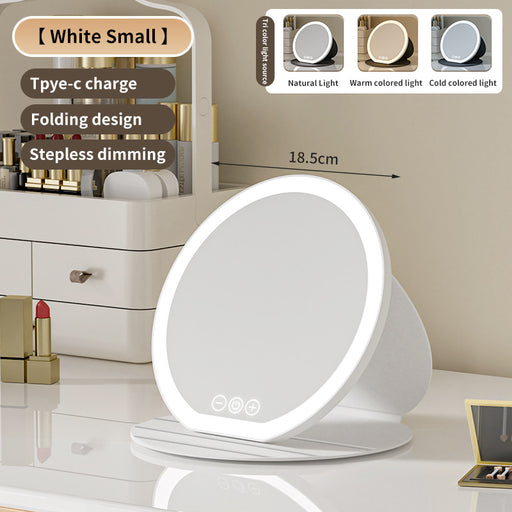 White Small Round Foldable LED Makeup Mirror - 18.5cm Desktop Vanity with 3 Color Lights & Stepless Dimming