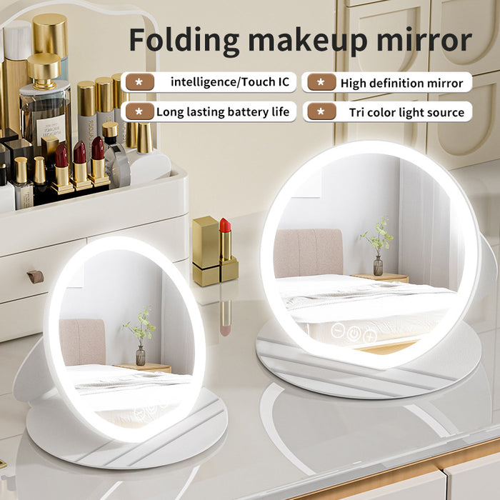White Small Round Foldable LED Makeup Mirror - 18.5cm Desktop Vanity with 3 Color Lights & Stepless Dimming