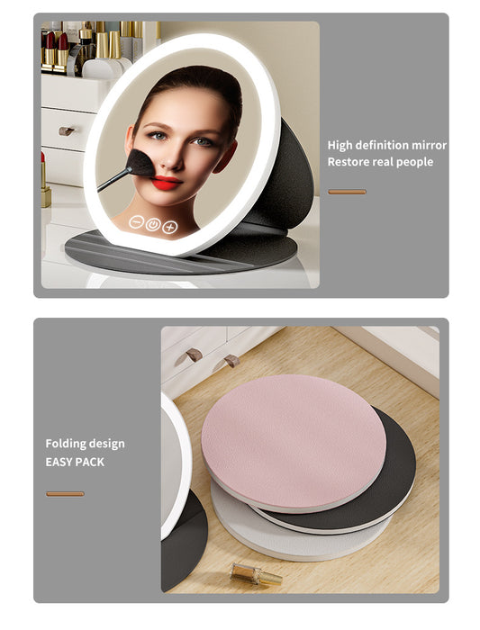 White Small Round Foldable LED Makeup Mirror - 18.5cm Desktop Vanity with 3 Color Lights & Stepless Dimming