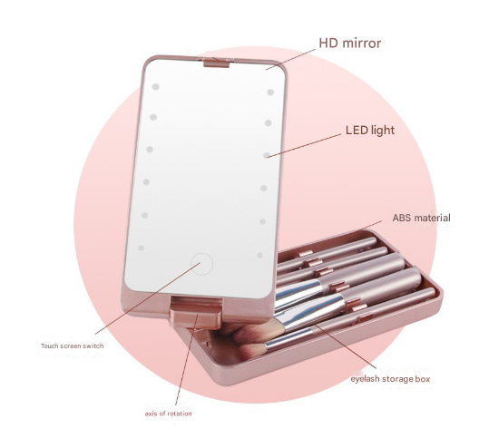 Black LED Lighted Makeup Mirror with 5-Piece Cosmetic Brush Set and Dustproof Storage Case