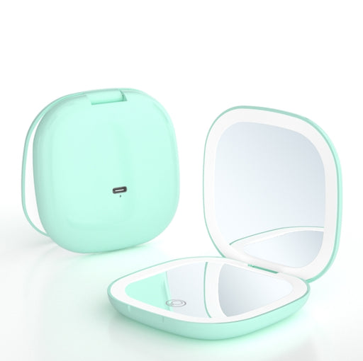 2-piece Green Portable LED Makeup Mirror - Rechargeable Compact with 3-Color Lights & 5x Magnification