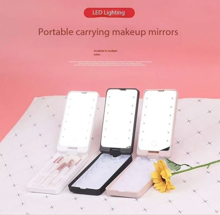 2-Piece White Portable LED Makeup Mirror with Brush - Foldable, Rotatable, and Rechargeable Travel Vanity Mirror