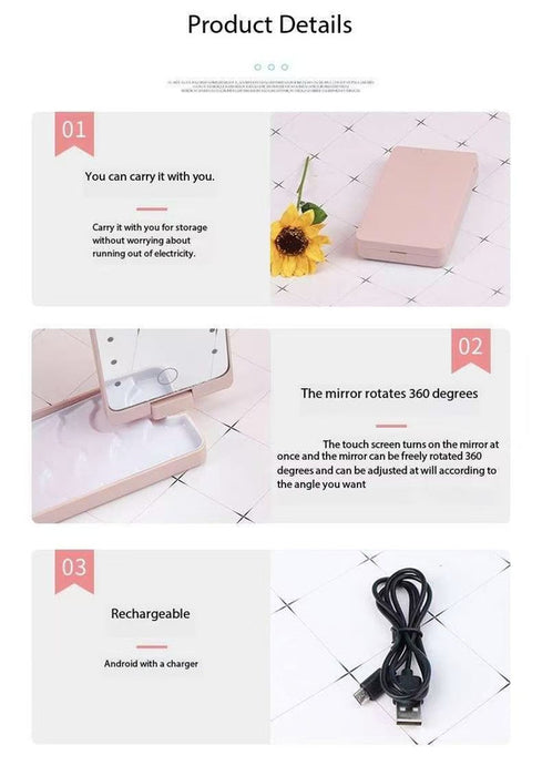 2-Piece Black Portable LED Makeup Mirror with Brush - Foldable, Rotatable, and Rechargeable Travel Vanity Mirror