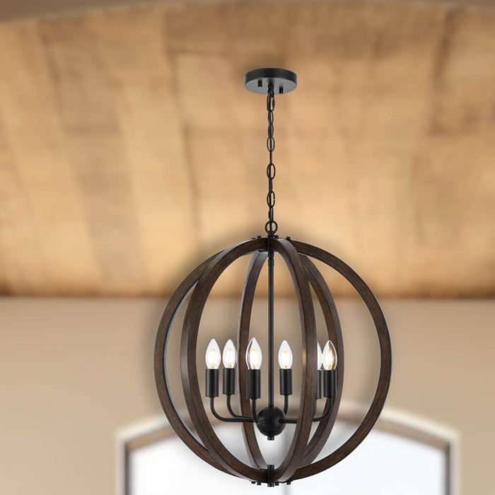 VESTAL: Sphere Shape Wood Pendant Light (Available in 4 Light & 6 Light)