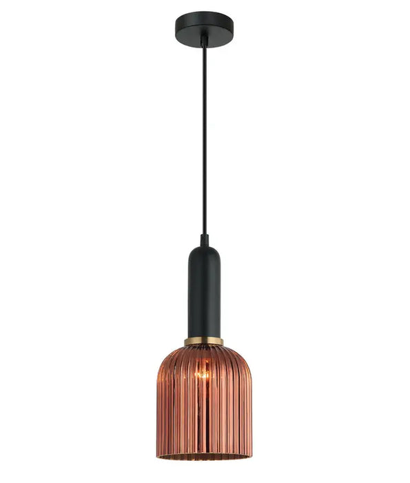 VINTAJ: Retro Ellipse Shape Ribbed Glass Interior Pendant Lights (Available in Smokey Black, Green, Amber, Copper Painted, Chrome & Clear)