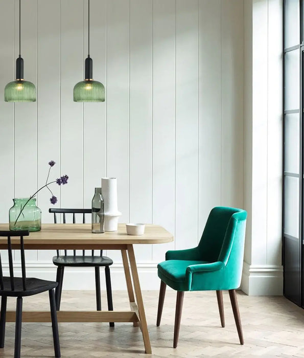 VINTAJ: Retro Dome Shape Ribbed Glass Interior Pendant Lights (Available in Smokey Black, Green, Amber, Copper Painted, Chrome & Clear)