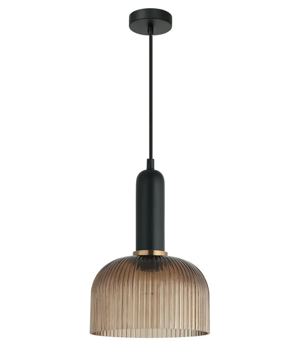 CLA VINTAJ: Retro Dome Shape Ribbed Glass Interior Pendant Lights (Available in Smokey Black, Green, Amber, Copper Painted, Chrome & Clear)