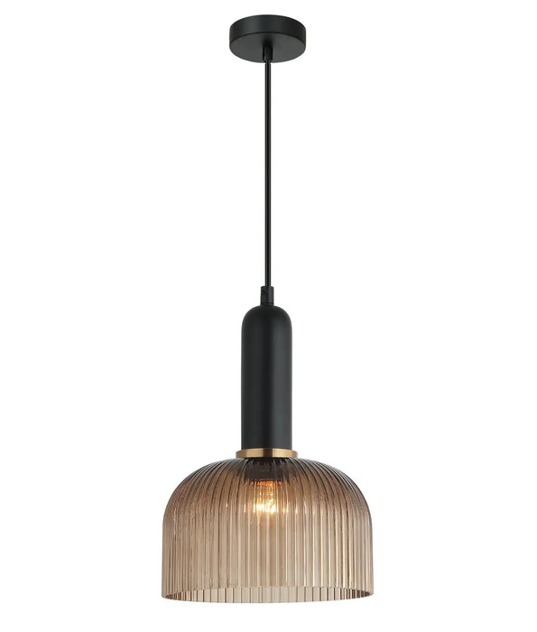 VINTAJ: Retro Dome Shape Ribbed Glass Interior Pendant Lights (Available in Smokey Black, Green, Amber, Copper Painted, Chrome & Clear)