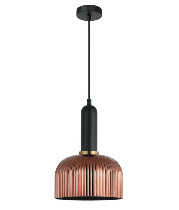 VINTAJ: Retro Dome Shape Ribbed Glass Interior Pendant Lights (Available in Smokey Black, Green, Amber, Copper Painted, Chrome & Clear)